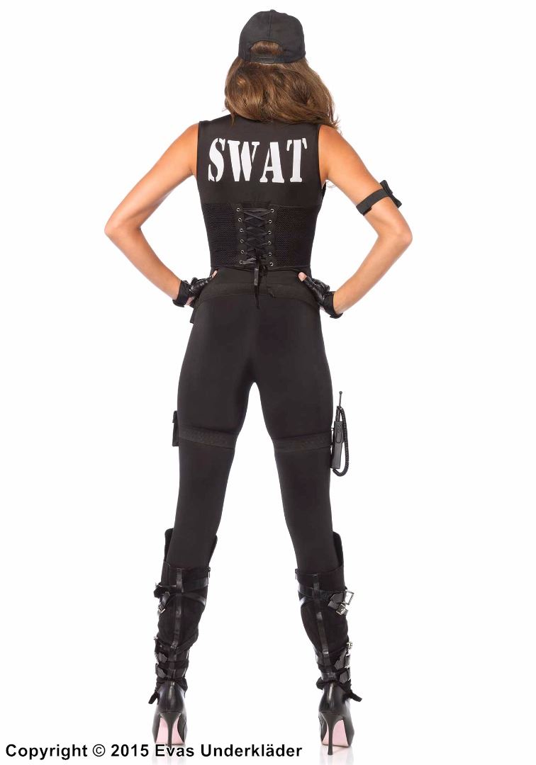 Kvinnelig SWAT-betjent, kostyme-catsuit, spenne, glidelås på forsiden